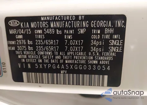 2016 Kia Sorento 3.3L Lx из США, поврежденный, VIN 5XYPG4A5XGG033054